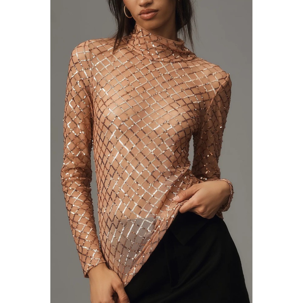Pilcro Mesh Sequin Turtleneck Top Women XS Light Sand Sheer Holiday Party Glam - Picture 2 of 10
